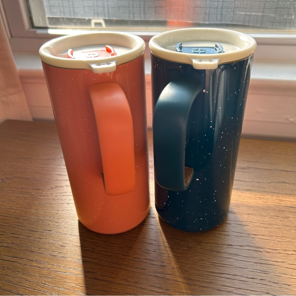 Set of TWO: blue & orange! Ello Campy Vacuum Insulated Travel Mugs 18 oz